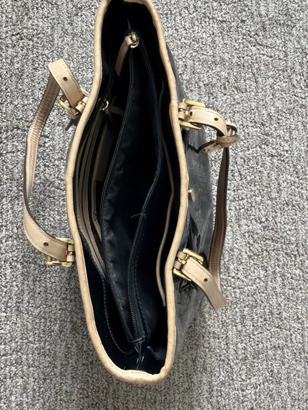 Michael Kors Black Patent Tote with Tan Trim and Gold MK Charm